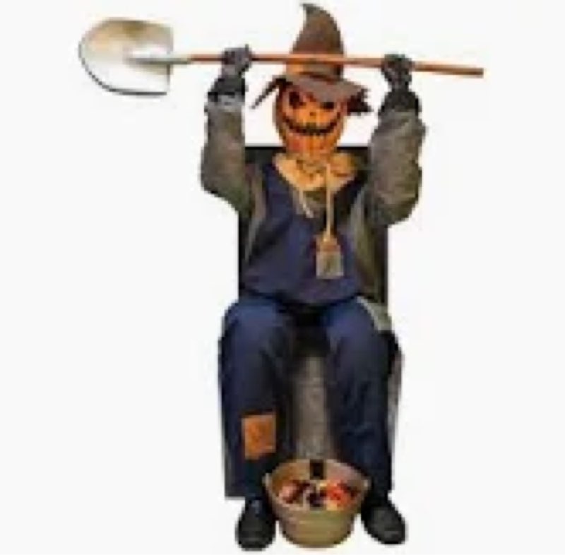haunted hill farm  55 in. motion-activated smiling jack the shovel-wielding sitting scarecrow by tekky