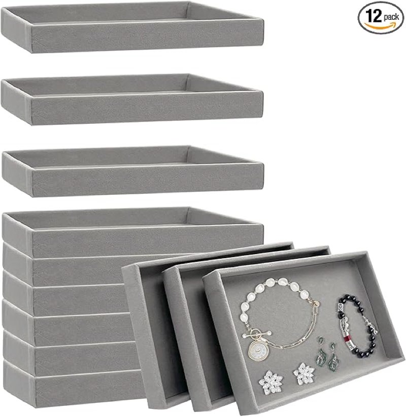 YEXEXINM 12pcs Small Velvet Jewelry Trays, 8.3 x 5 x 1 Inches Premium Stackable Jewelry Drawers Orga