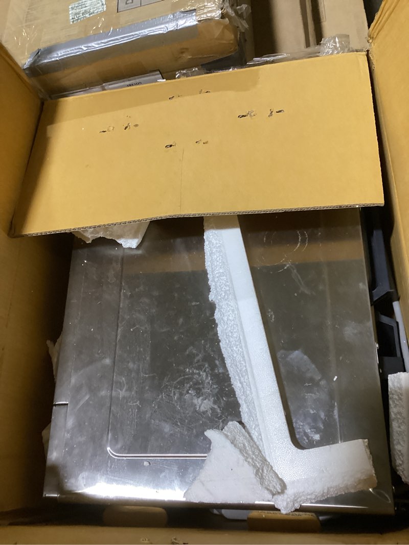 Condition photo showing As Is for SHARP SMO1754JS Over the Range Microwave Oven with 13.6" Carousel Turntable, 30-inch, 1.7 Cubic Feet, 1,000 Watt, 300CFM Fan, Sensor Cooking, Edge to Edge Black Glass with Stainless