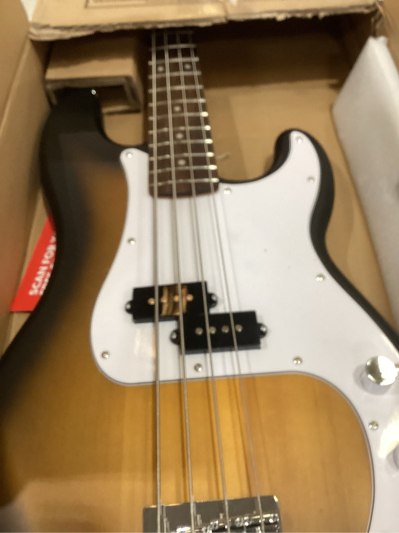 Condition photo showing Good Condition for fender squier debut series precision bass guitar, beginner guitar, with 2-year warranty, includes free lessons, 2-color sunburst with matte finish guitar only 2-color sunburst