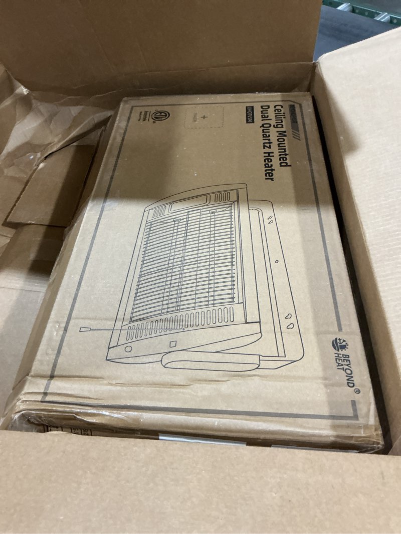 Condition photo showing As Is for Electric Garage Heater 120V, 750/1500W Ceiling Mount Space Heater for Garage, Shop, Patio with 90° Adjustable Tilt, Dual Quartz Radiant, Safety Metal Grille and Overheat Protection, 1-Pack Black-1 PACK