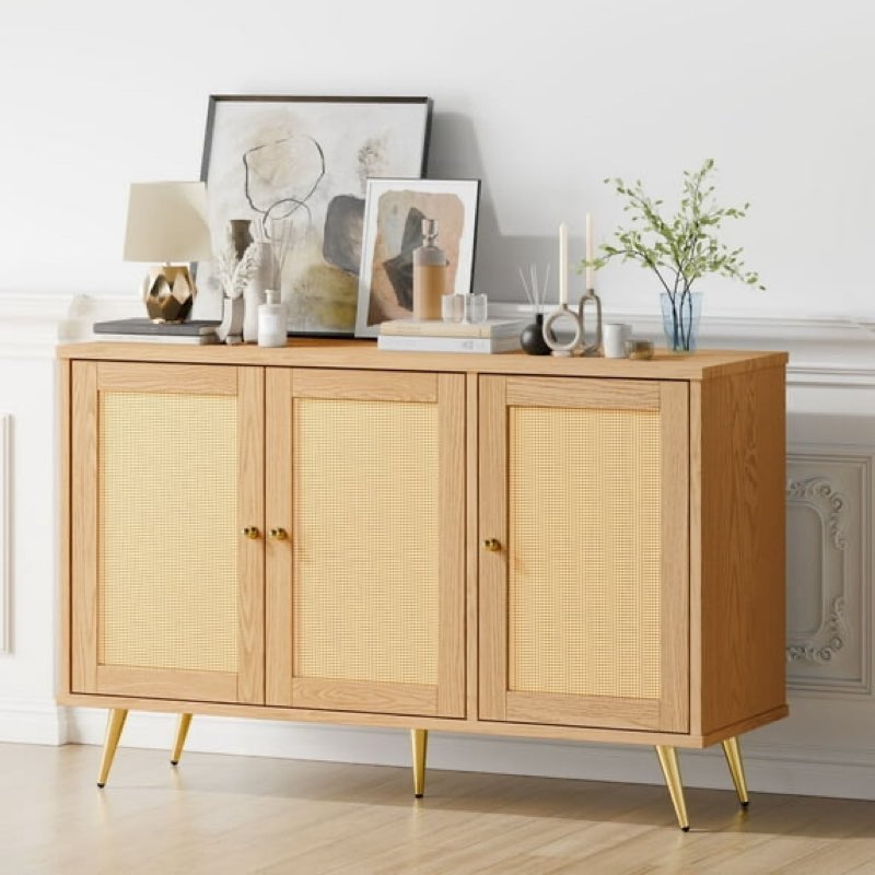 Walsunny Sideboard Buffet Storage Cabinet,Kitchen Storage Cabinet with 3 Rattan Decorated Doors, Accent Cabinet Sideboard Cabinet for Dining Room, Living Room, Entryway, Hallway, Natural