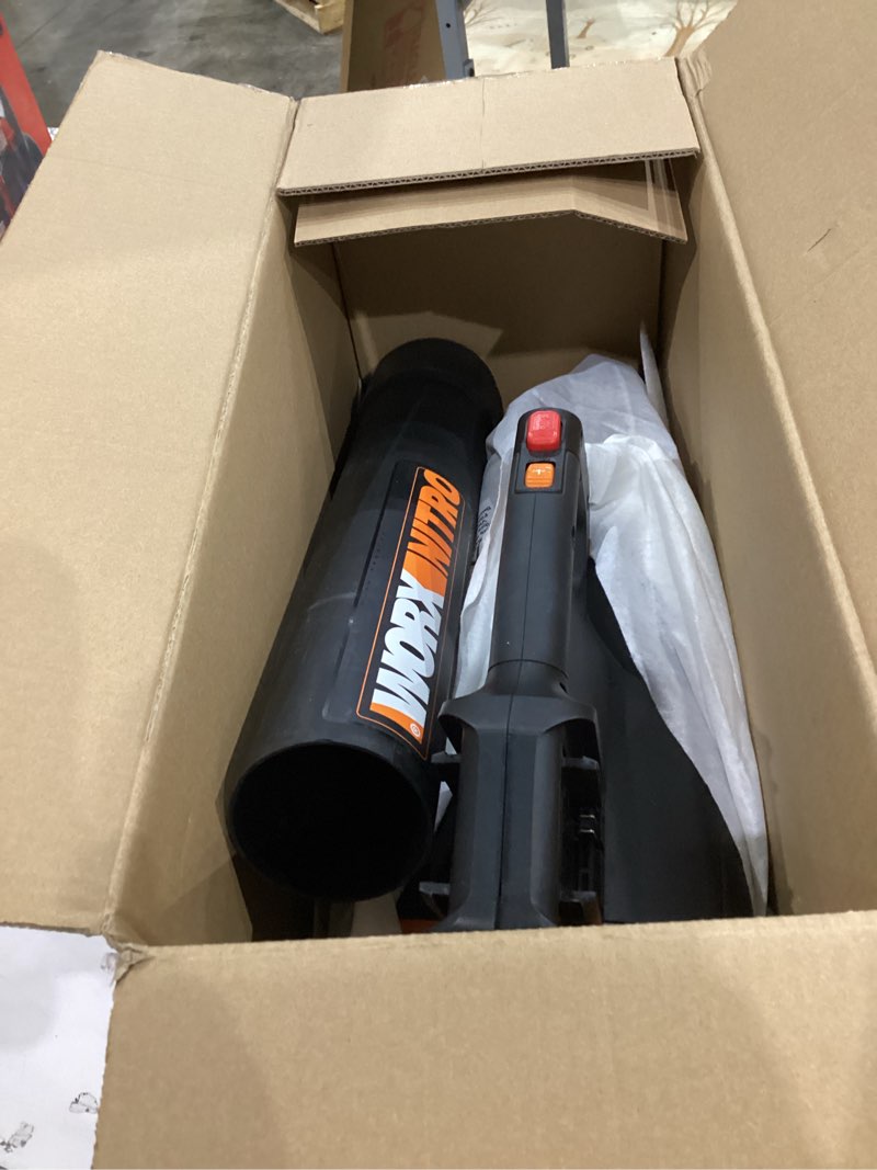 Condition photo showing As Is for worx cordless leaf blower, electric blower with 780 cfm & 190 mph, brushless lawn blower with gas-like power & 57 db, batteries & charger not included, wg582.9 780cfm 40v blower/tool only