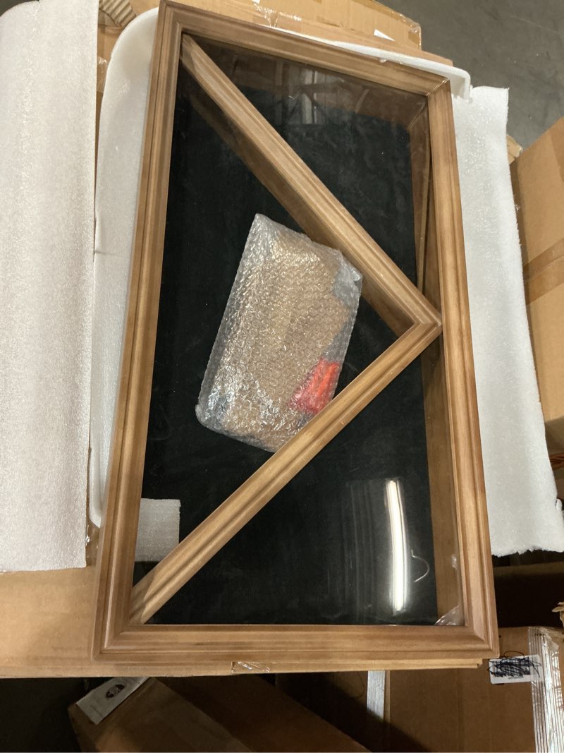 Condition photo showing Good Condition for decowoodo large military shadow box display case with hd tempered glass - triangular flag case fits 9.5’x5' american burial flag, removable shelves for coins, backboard for medals and insignia, walnut