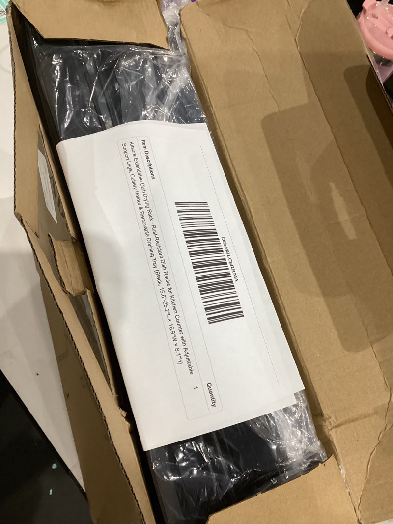 Condition photo showing Good Condition for Kitsure Extendable Dish Drying Rack - Rust-Resistant Dish Racks for Kitchen Counter with Adjustable Support Legs, Cutlery Holder & Removable Draining Tray (Black, 15.6''-25.2''L × 16.9''W × 8.1''H) Black 15.6''-25.2''L × 16.9''W × 8.1''H