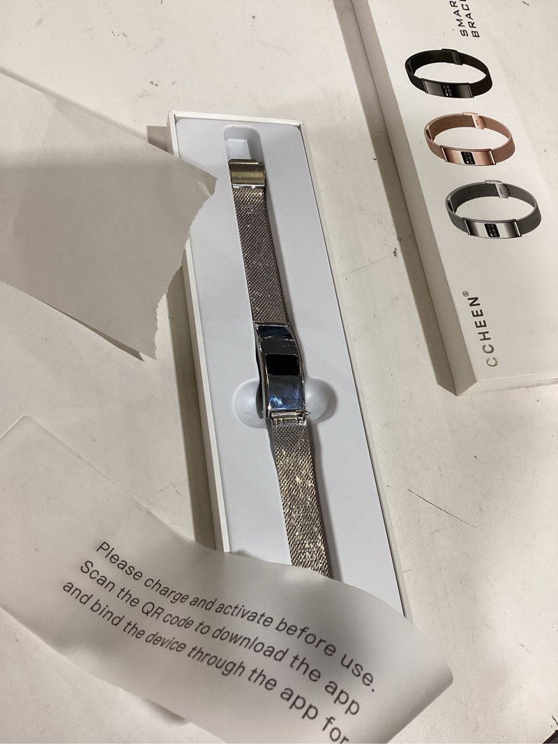Condition photo showing As Is for smart bracelet, subscription-free 24/7 health tracking, heart rate, spo2, hrv & sleep tracker with ipx8 waterproof, wearable activity & fitness tracker, 7-day battery, 2 bands silver