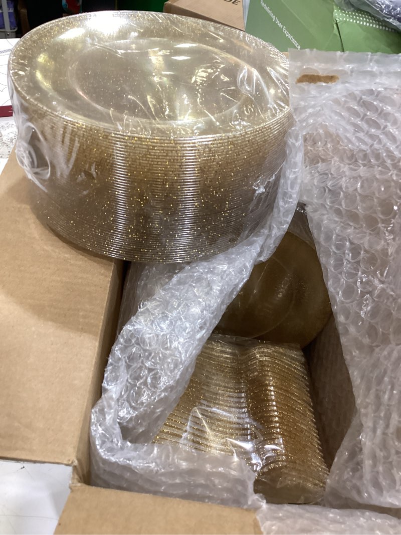 Condition photo showing Good Condition for festiva gold glitter dessert plates 6.3\" with forks 5\"-small plastic dessert/cake/appetizer plates disposable for 100 guests easter party &wedding& birthday&mother's day