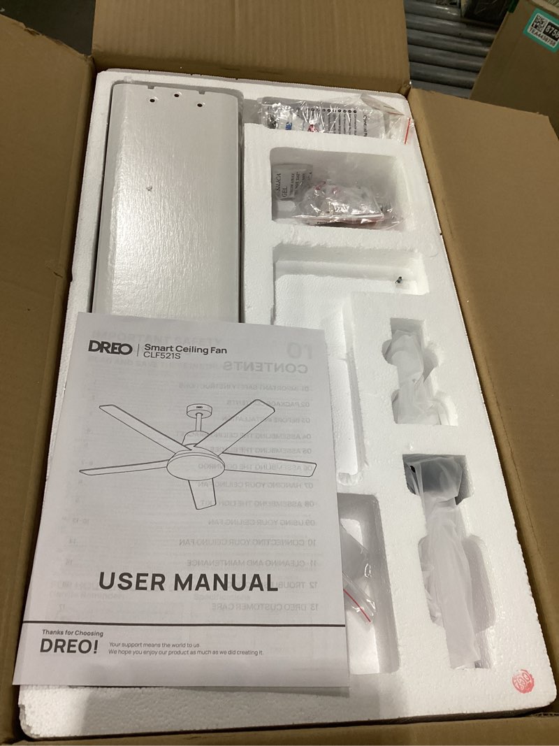Condition photo showing New/Like New for dreo smart ceiling fan with lights, 52 inch, 12 speeds & 3 fan modes, stepless color tones, dimmable led light, 12h timer, quiet dc motor, remote/app/alexa control, white ceiling fans indoor wifi white