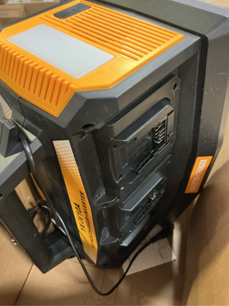 Condition photo showing As Is for 2-in-1 portable inverter charger, 1200w pure sine wave inverter & 6a rapid charger for dewalt 20v battery, 6-port dc to ac 120v converter, 3 usb-a + 3 usb-c, 300lm led light for rv camp off-grid