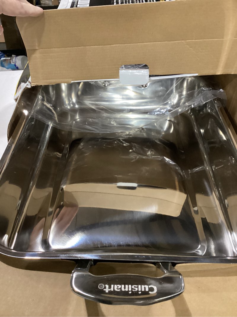 Condition photo showing As Is for missing rack cuisinart 16-inch roasting pan, induction compatible premium rectangular roaster pan with rack, stainless steel roasting pan with rack, large capacity, dishwasher safe stainless steel 16-inch