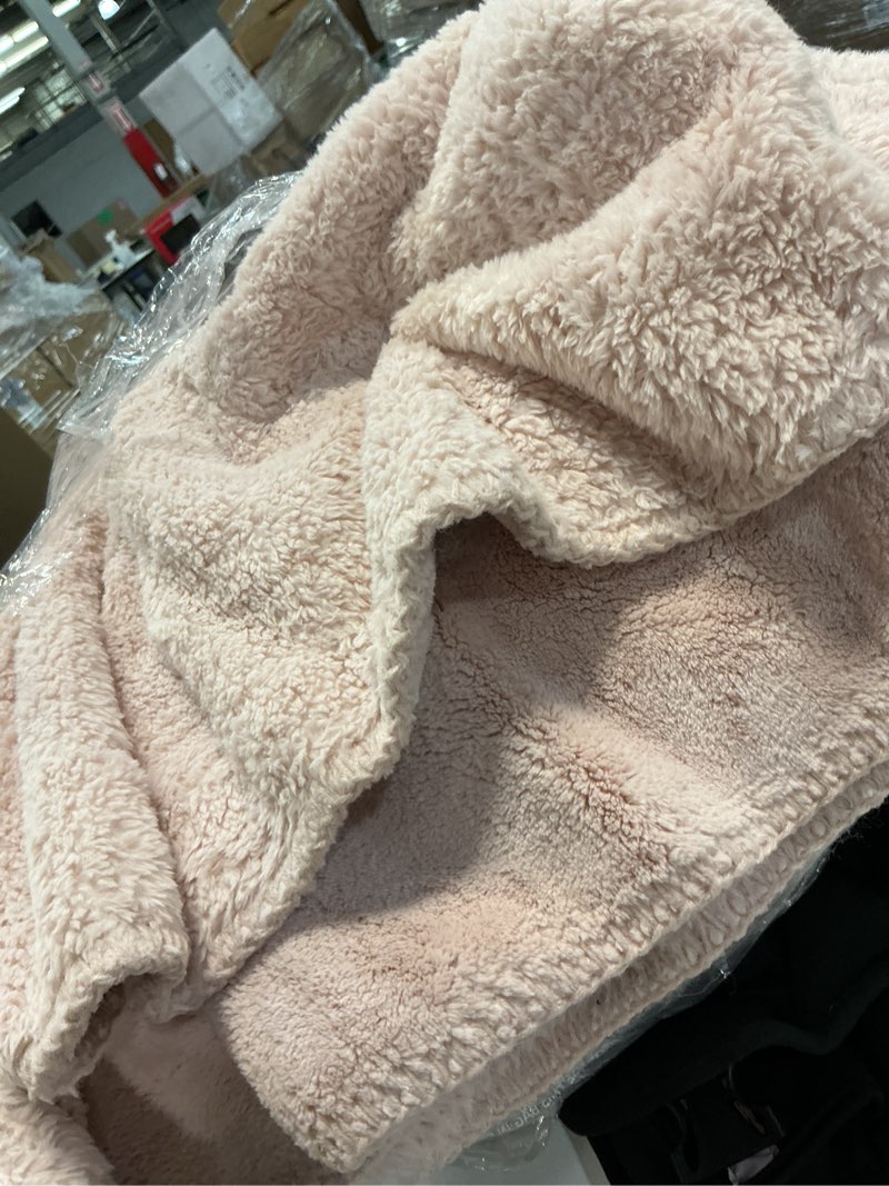 Condition photo showing As Is for ugg plush full/queen blanket, fleece fluffy blanket for bed, luxury cozy oversized throw for couch, washable hypoallergenic cute decor, 90" x 90", quartz pink (whitecap) full/queen pink
