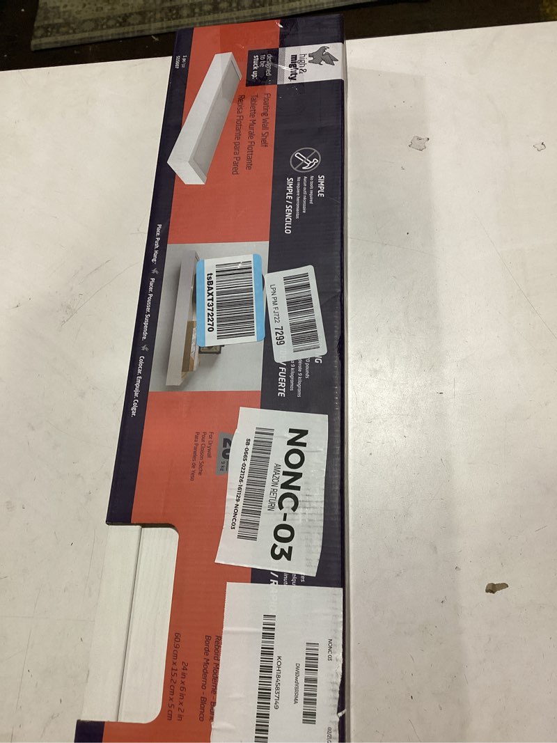 Condition photo showing New/Like New for HIGH & MIGHTY 515607 Modern 24" Floating Shelf Holds up to 20lbs, Easy Tool-Free Dry Wall Installation, Flat, Retail Packaging, White