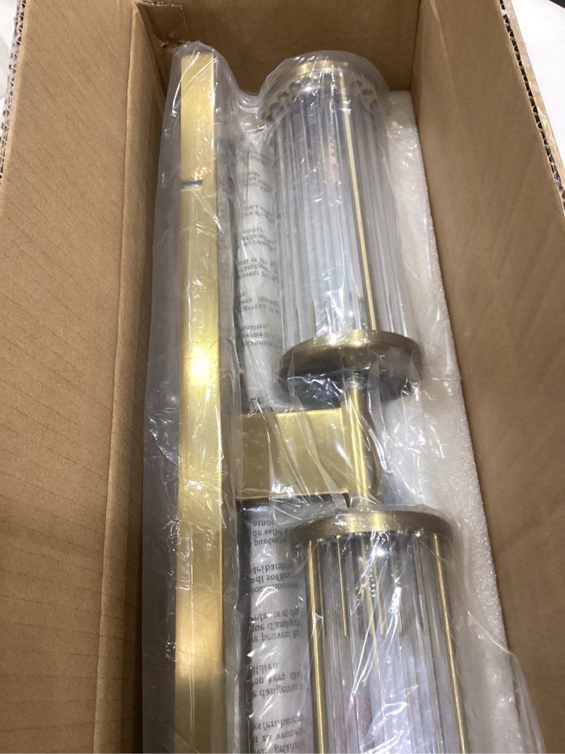 Condition photo showing New/Like New for 2-Light Modern Vanity Wall Lamp in Brushed Brass, Industrial Bathroom Lighting with Glass Rod Shades, Adjustable Modern Mirror Lights for Bedroom & Bathroom, Wall Sconce for Makeup Vanity Brushed Brass 20 Inch