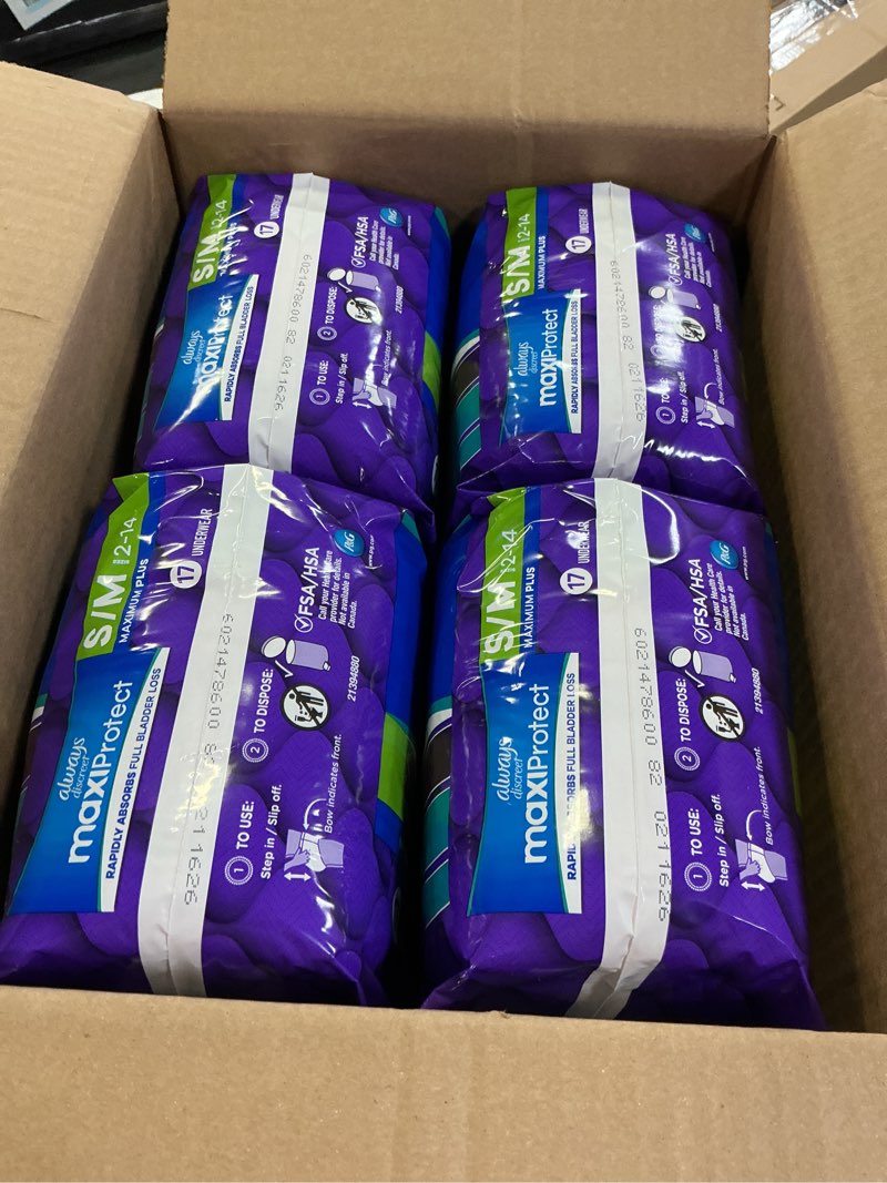 Condition photo showing New/Like New for always discreet maxiprotect adult diapers for women, incontinence underwear, scented, postpartum essentials, bladder leak protection, disposable briefs, maximum plus absorbency, size s/m, 68 count s/m 68