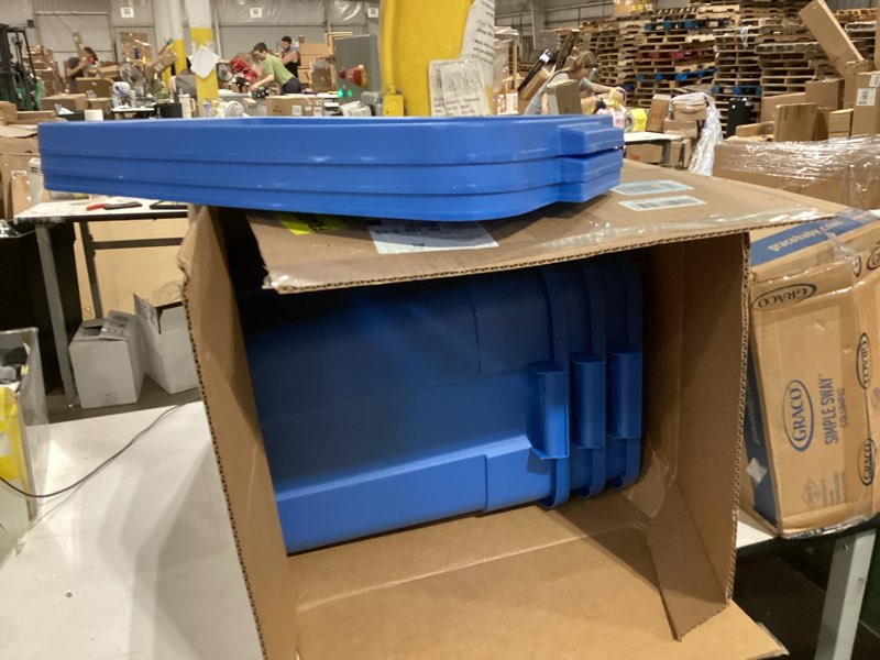 Condition photo showing Good Condition for rubbermaid roughneck tote 31 gal, 3 pack, made in usa, dark indigo metallic, rugged plastic stackable storage bins with lids and handles 31 gal - 3 pack
