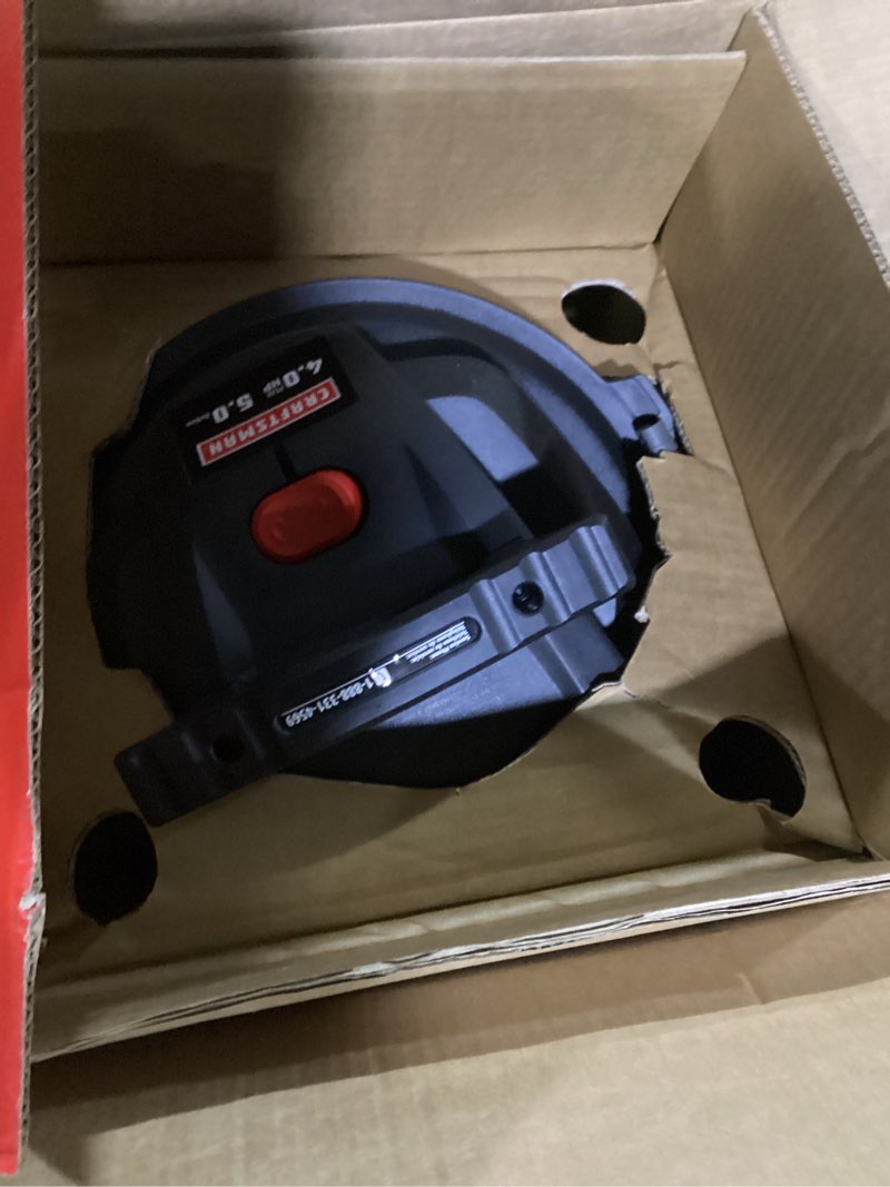 Condition photo showing As Is for craftsman 5-gallon 4-hp corded wet/dry shop vacuum with accessories included