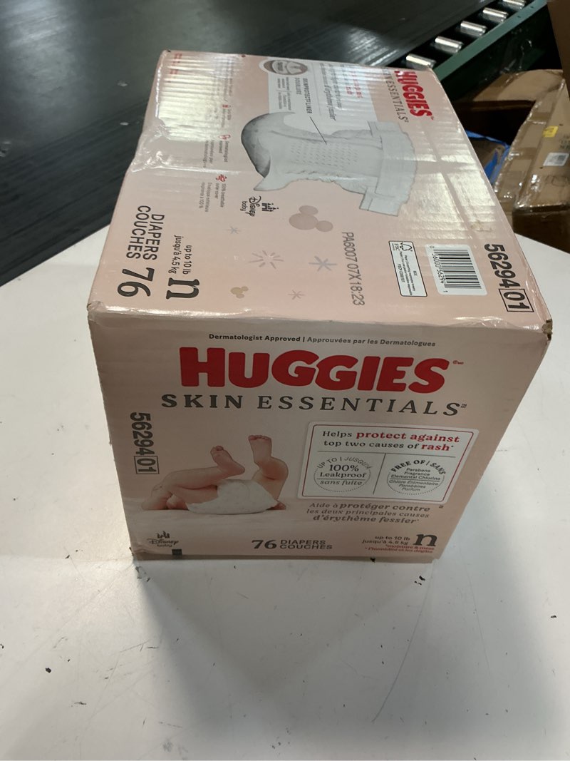 Condition photo showing New/Like New for huggies size newborn diapers, skin essentials baby diapers, size newborn (6-9 lbs), 76 count, packaging may vary newborn 76