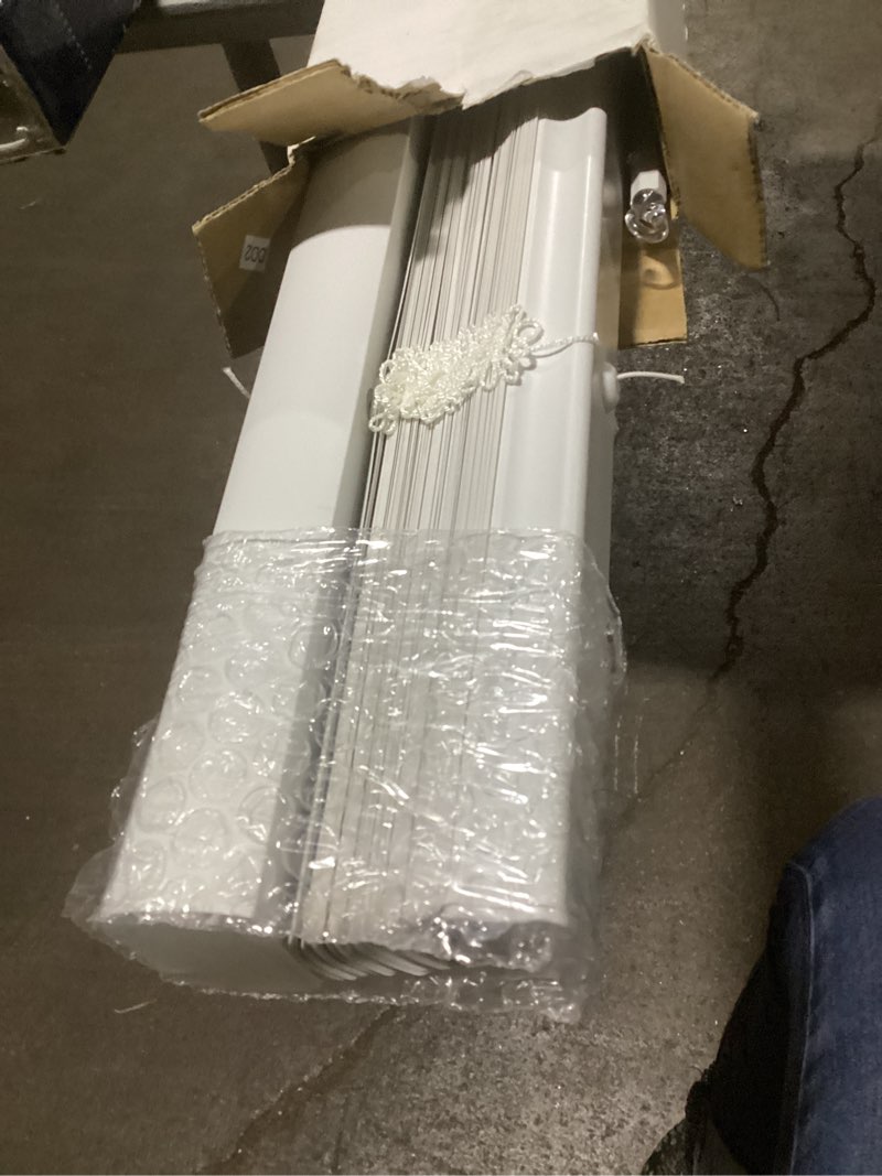 Condition photo showing As Is for project source light filtering 1-in slat width 39-in x 64-in cordless white vinyl light filtering mini-blinds