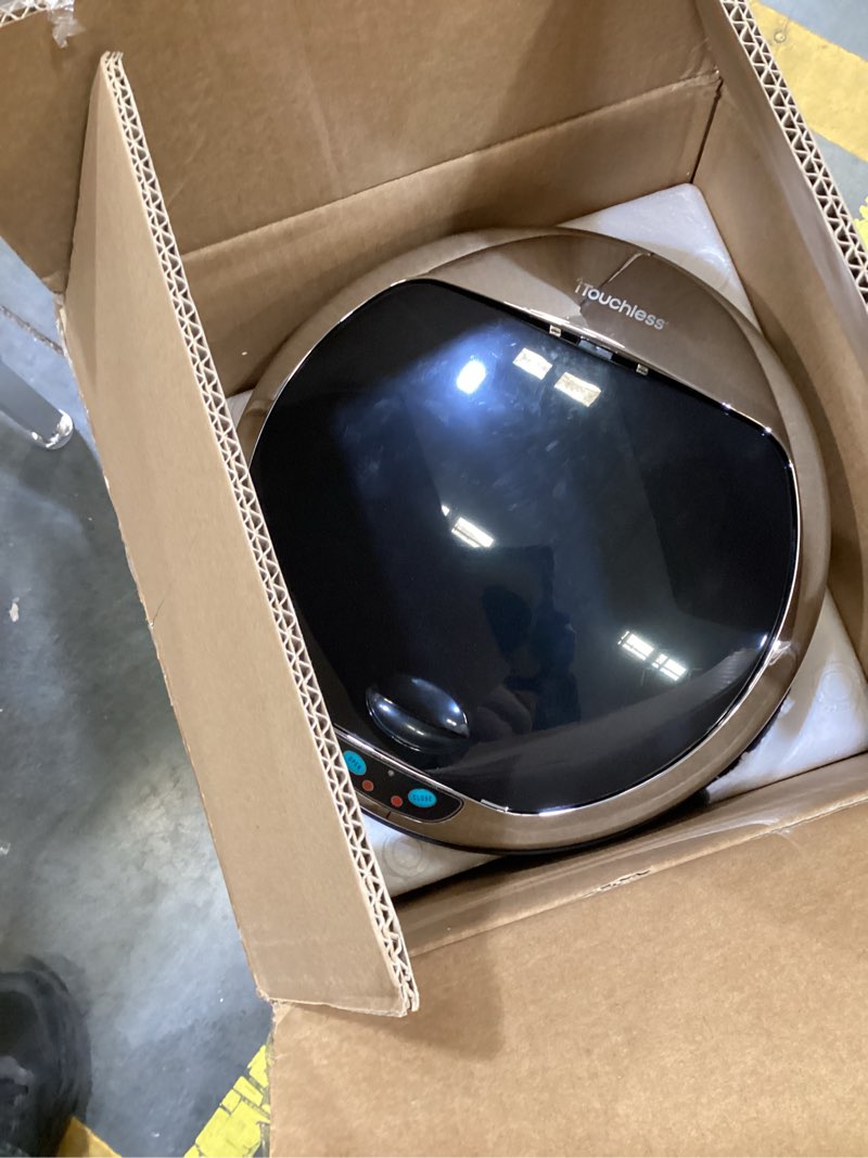 Condition photo showing As Is for iTouchless 8 Gallon Touchless Automatic Garbage Can with Odor Control Filter, Stainless Steel, Round Sensor Kitchen Trash Can, 30 Liters