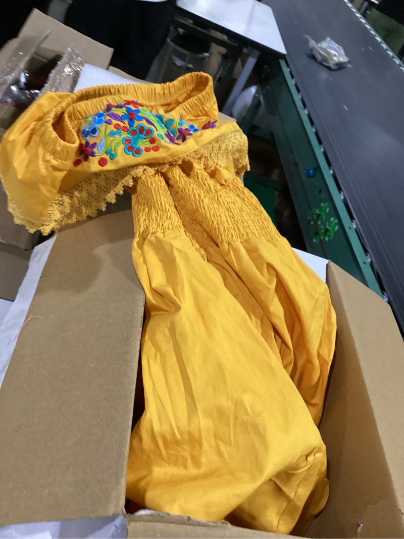 Condition photo showing As Is for (milar too) yellow kids girls mexican dress off-shoulder sunflower print drape traditional ethnic wear birthday dresses 2t black sunfloweri
