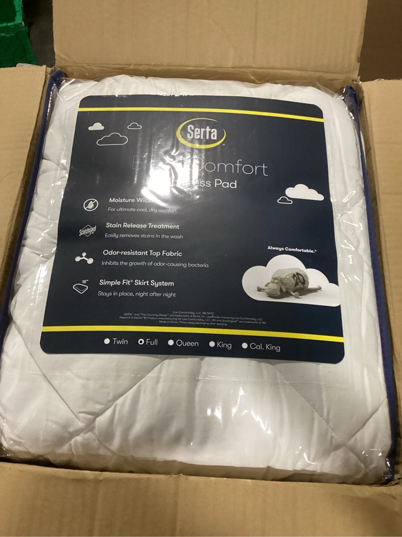 Condition photo showing Good Condition for serta air dry extra comfort plus 100% cotton fabric quilted mattress pad, cooling and breathable mattress cover, moisture wicking protection with 18" deep pocket, full, white extra comfort plus full