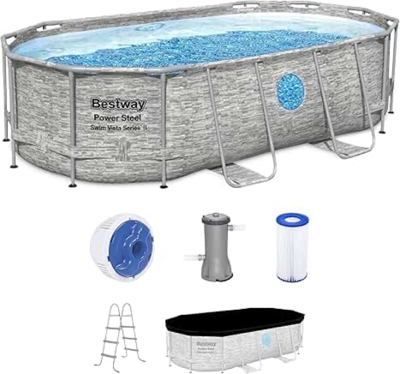 Bestway Power Steel Swim Vista Series II 14' x 8' 2" x 39.5" Above Ground Outdoor Swimming Pool Set with 530 GPH Filter Pump, Ladder, and Pool Cover Visit the Bestway