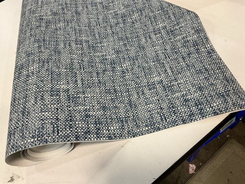 Condition photo showing As Is for Grasscloth Peel and Stick Wallpaper Denim Blue Contact Paper 15.7inch x 118.1inch Textured Faux Linen Wallpaper Vintage Grasscloth Self Adhesive Removable Wall Paper for Cabinets Decor Vinyl 15.7"W x 118.1"L Denim Blue