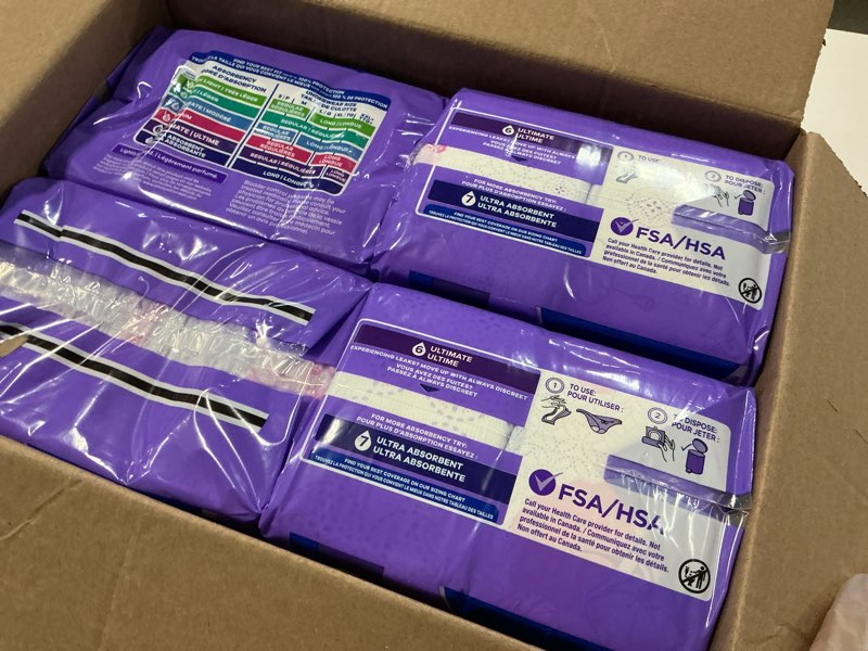 Condition photo showing New/Like New for always discreet adult incontinence pads for women, extra heavy absorbency, long length, postpartum pads, 112 count (4 packs of 28) long 112