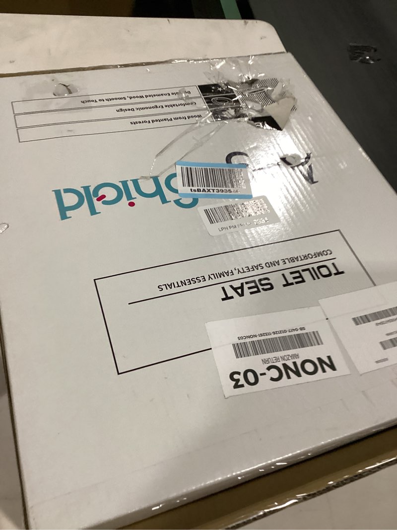 Condition photo showing As Is for Angol Shiold Glitter Toilet Seat Molded Wood Round Toilet Seat with Quietly Close and Quick Release 