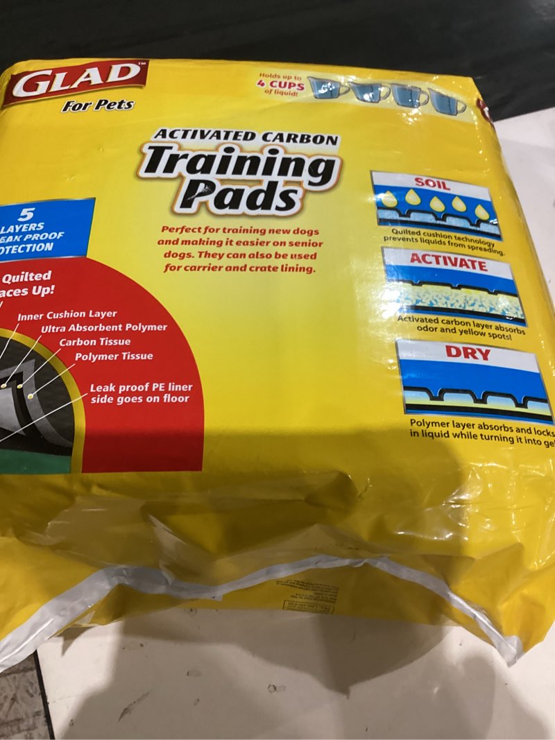 Condition photo showing As Is for glad for pets black charcoal puppy pads, 23"x23" disposable training pads that absorb urine & neutralize odor with activated carbon - 100 count regular 23" x 23" - 100 count