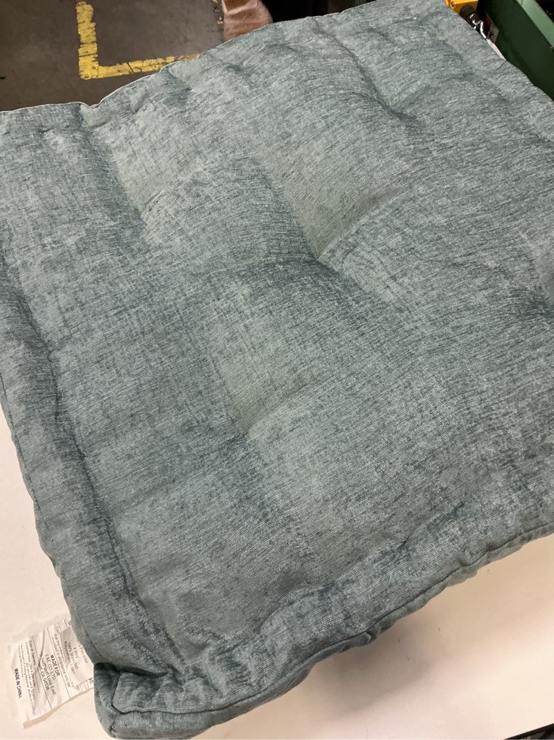 Condition photo showing As Is for Intelligent Design Large Floor Pillow for Adults Yoga or Meditation Cushion with Handle, Floor Cushion for Board Games, Lustrous Chenille Tufted, Handsewn Scalloped Edge, Azza, 24" x 24" x 5" Aqua 24"W x 24"L x 5"H Square Aqua With Handle