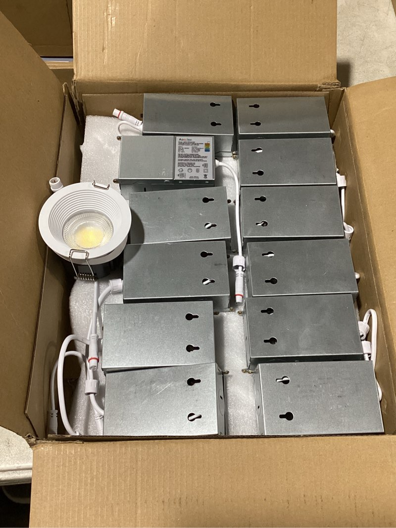 Condition photo showing As Is for aosclex 3 inch 5cct anti-glare led recessed lights with junction box, 2700k/3000k/3500k/4000k/5000k selectable, 12w 1260lm cri90+, dimmable canless waterproof downlight, etl & fcc?white, 1 pack? white-3 inch 1 pack