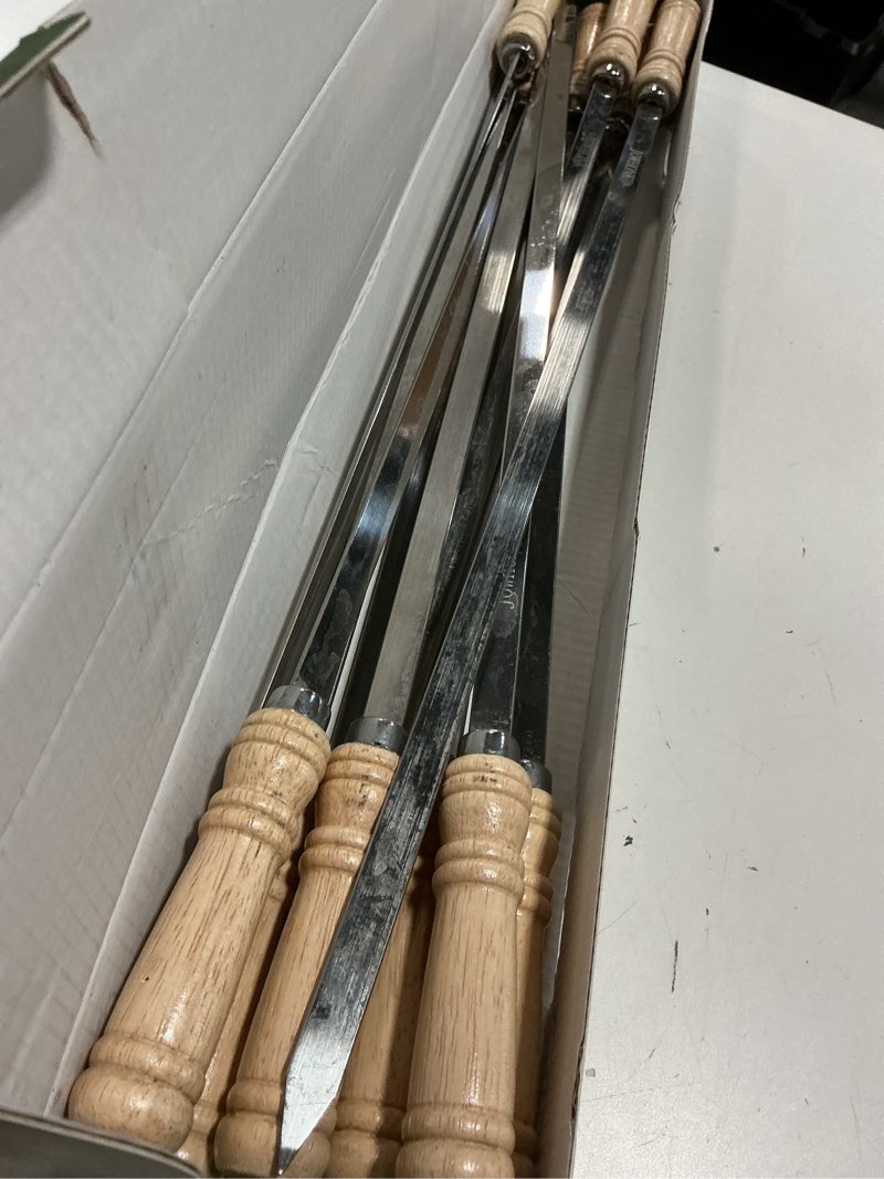 Condition photo showing As Is for 21.5 inch long flat skewers for kabobs (12 pcs),0.4" wide 304 stainless steel barbecue kebab skewers for grilling with wood handle,durable for bbq metal kabob skewer sticks for outdoor 21.5 inch?12 pcs?