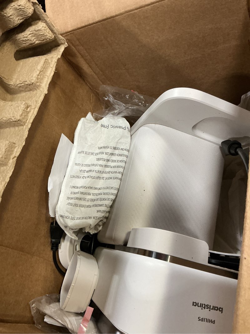Condition photo showing As Is for philips baristina espresso machine+milk frother bundle. real espresso. compact coffee machine,portafilter, grinder, cafe crema. dairy & non-dairy milk foam?. hot & cold. easy clean. white (bar303/00) espresso machine + milk frother white