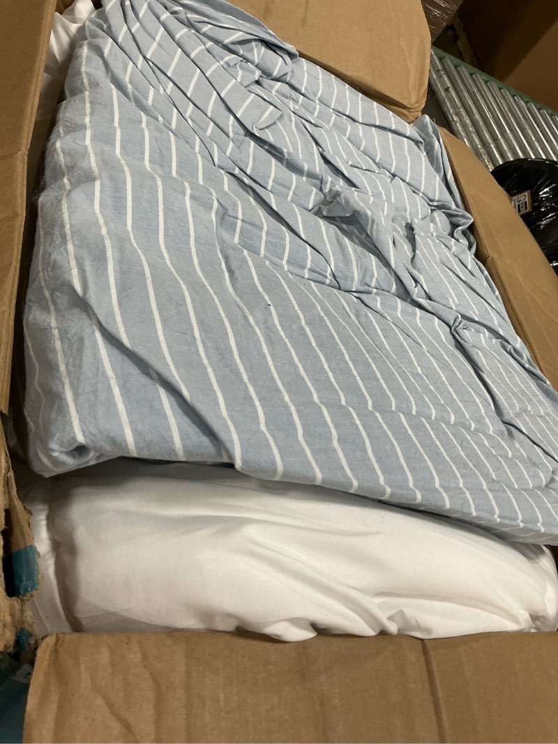 Condition photo showing As Is for moomee striped duvet cover set 100% washed cotton linen like textured breathable durable soft comfy (cornflower blue white wide stripes, palatial king/oversized king 120"x98") wide stripes - cornflower blue/ white (no comforter) palatial king/oversized king (120"x98")