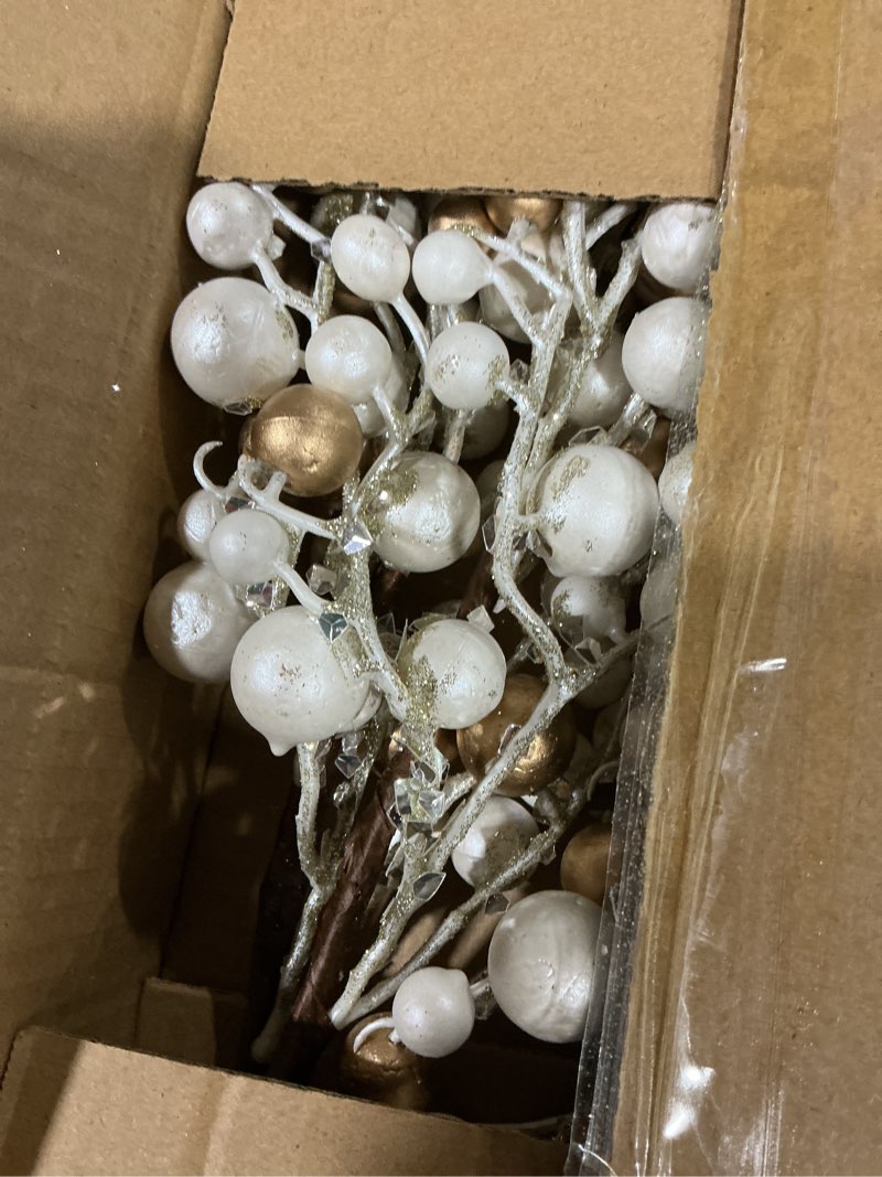 Condition photo showing Good Condition for Hollyone 4 Pack Artificial Christmas Glitter Berries Stems, 19 Inch Fake White and Gold Holly Berry Picks with Ice Snow for Christmas Tree Wreath Floral Arrangements Holiday Home Vase DIY Crafts Decor White & Gold