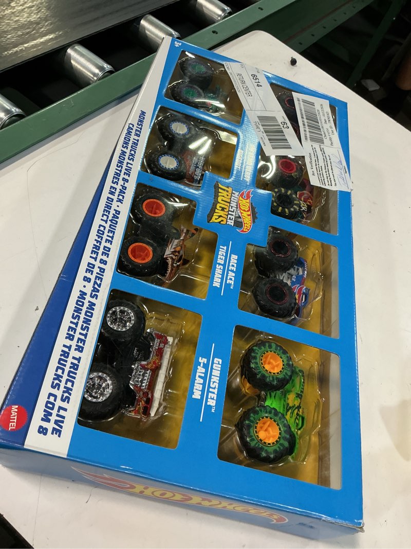 Condition photo showing Good Condition for hot wheels monster trucks live 8-pack, multipack of 1:64 scale toy monster trucks, characters from the live show, smashing & crashing trucks, gift for kids 3 years old & up