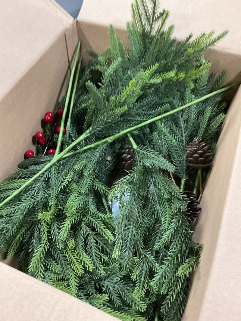 Condition photo showing New/Like New for 20-Piece Set 24" Artificial Norfolk Pine Branches - Christmas Decorations - Faux Christmas Greenary - Faux Norfolk Pine Stems for DIY Crafts Garland Wreath Home Decor- Free LED String Lights