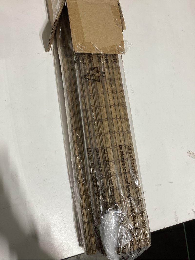Condition photo showing Good Condition for lazblinds cordless bamboo roman shades, privacy blinds for interior windows, room darkening roll up bamboo blinds for home & patio, 24.5" w x 64" h, highfield teak pricacy - highfield teak 24 1/2" w x 64" h
