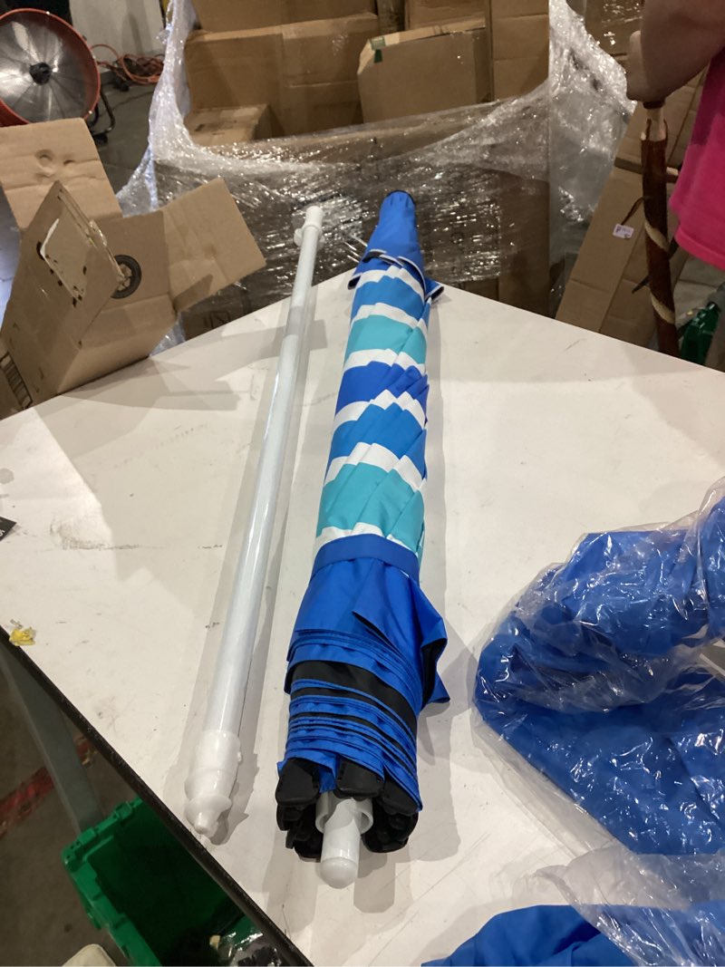 Condition photo showing Good Condition for fisqueen 8ft large beach umbrella with level 7 wind resistance sand anchor sand bag, portable outdoor umbrella with upf50+ uv protection, tilt sun shelter for beach, patio, yard blue