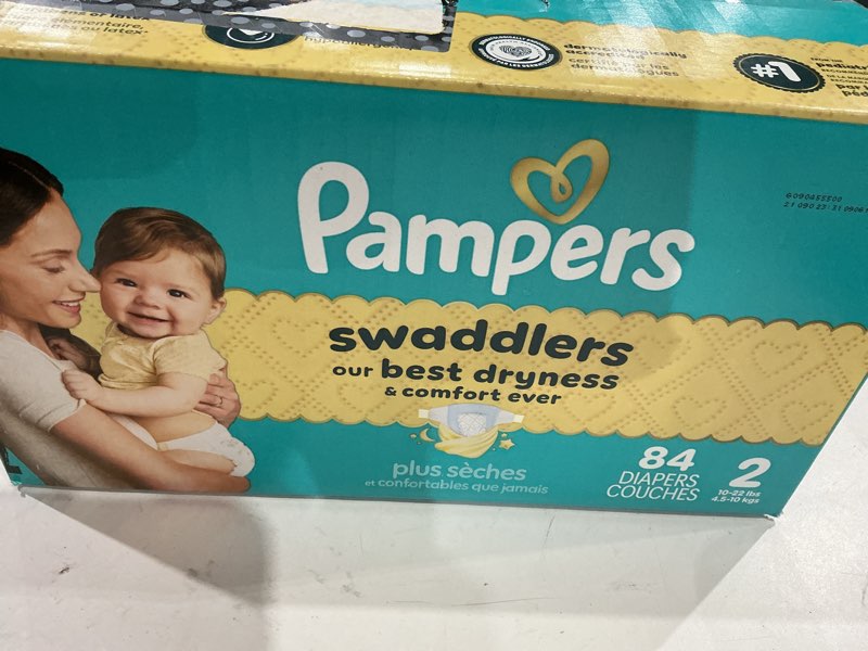 Condition photo showing New/Like New for pampers swaddlers diapers, size 2 (10-22 lbs), 84 count, absorbent, keeps baby dry and comfortable, skin safe disposable baby diaper (packaging may vary) size 2 84