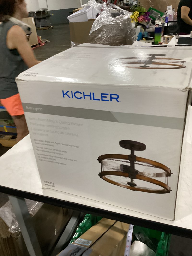 Condition photo showing As Is for 100+ bought last week kichler barrington 14.75-in distressed black and wood tone indoor 3 -light semi-flush mount light