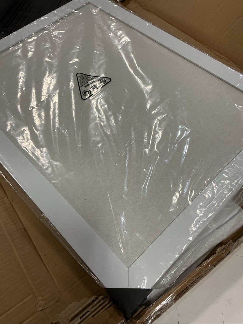 Condition photo showing Good Condition for Board2by White Cork Board Bulletin Board with Linen, Wood Framed 24" x 18" Corkboard, Office Board for Wall Decor, Wall Mounted Pin Board Picture Board with 20 Pushpins for School, Home & Office White 24" x 18"