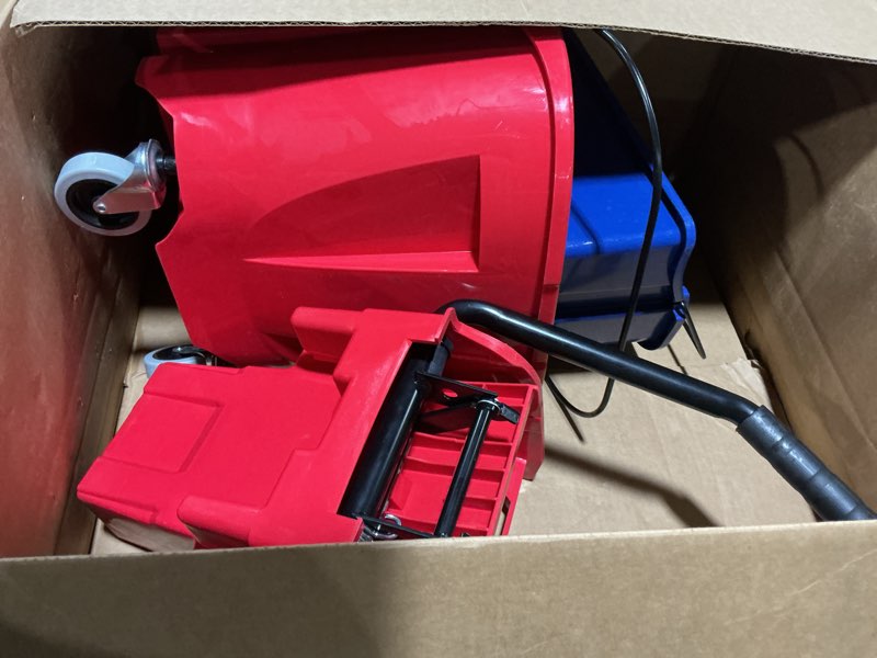 Condition photo showing As Is for Carlisle FoodService Products Mop Bucket with Side-Press Wringer & Soiled Water Insert for Floor Cleaning, Restaurants, Office, And Janitorial Use, Polypropylene, 35 Quarts, Red Bucket with Wringer & Soiled Water Insert Red