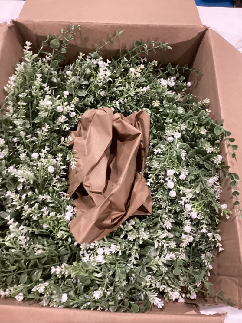 Condition photo showing Good Condition for 26'' large eucalyptus wreath for front door, porch- artificial eucalyptus and lavender with babys breath flowers wreath for home, farmhouse wall decor- spring, summer, fall, all seasons (white-green) 26"