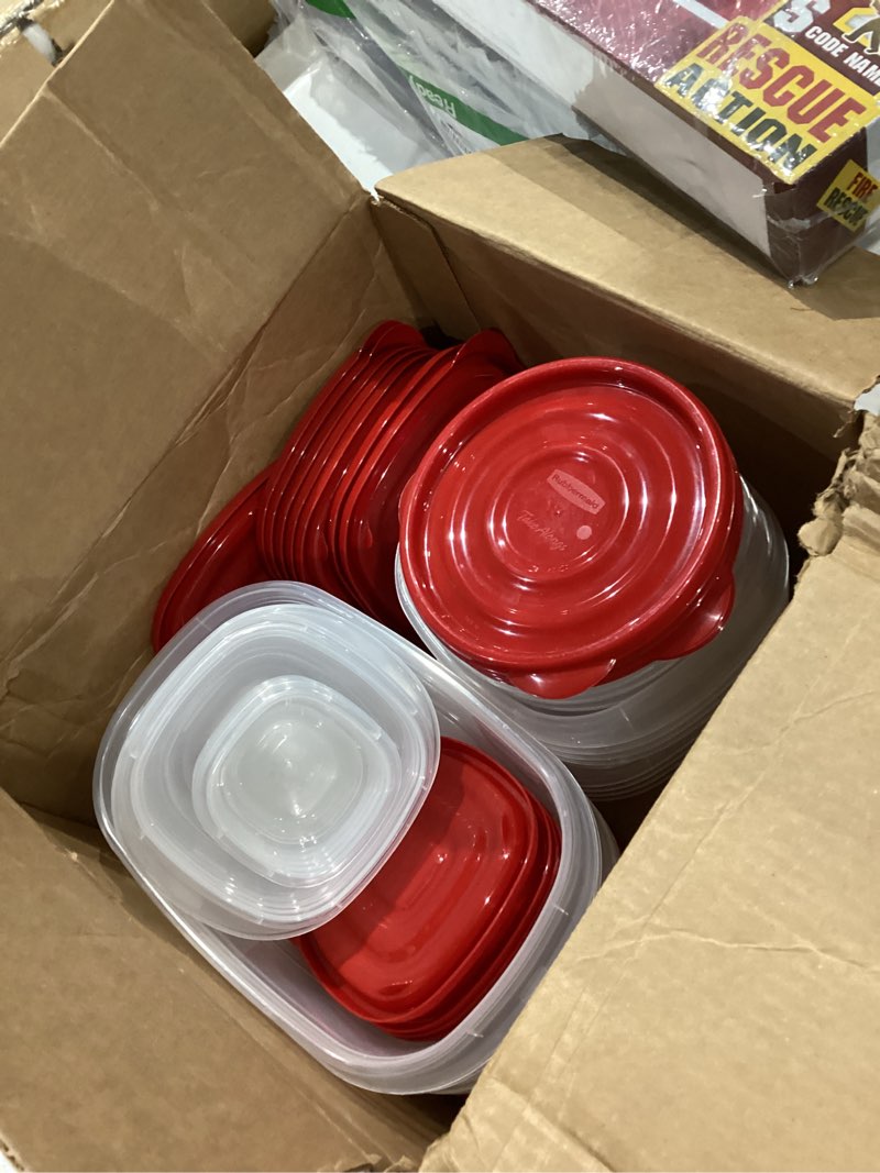 Condition photo showing As Is for rubbermaid easystore rectangle, square, and round containers, 34-piece set, food storage containers, food storage containers with lids easy store set of 17 assorted containers