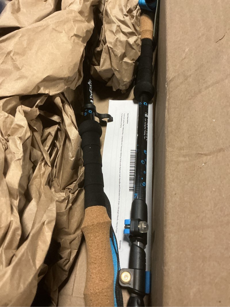 Condition photo showing As Is for TheFitLife Carbon Fiber Trekking Poles – Collapsible and Telescopic Walking Sticks with Natural Cork Handle and Extended EVA Grips, Ultralight Nordic Hiking Poles for Backpacking Camping Blue