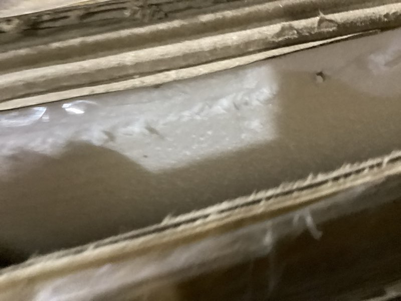 Condition photo showing As Is for 47.24" Big Modern Vanity Desk with Mirror and Lights,Makeup Vanity Desk with 5 Drawers and Storage Shelves & Power Outlet,Dressing Table with Glass Top, Oak