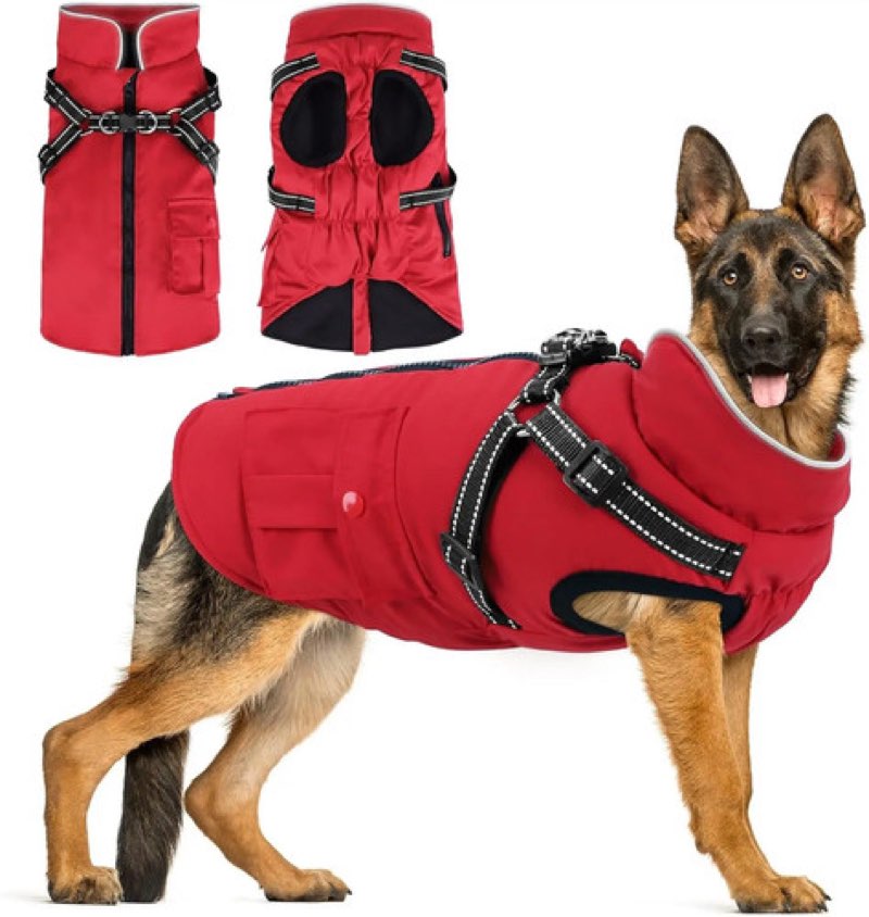 dog winter coat with harness built-in | waterproof dog jacket with zipper & fleece lining | reflective cold weather coat for small medium large dogs x-small red