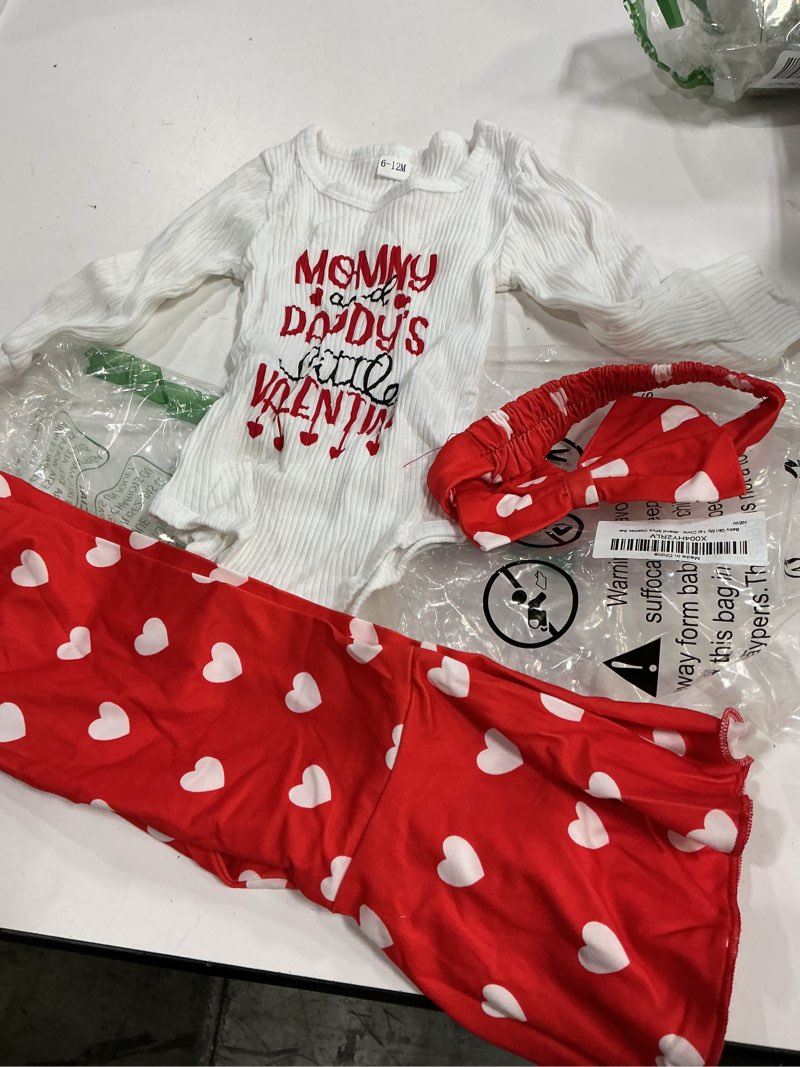 Condition photo showing As Is for ensswliz My First Valentines Day Baby Girl Outfit Red Heart Long Sleeve Romper and Flare Pants Infan (similar to stock photo)